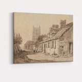English Village Lane Church Tower Sepia Watercolour Canvas Wall Art Print Decor Picture Ready to Hang