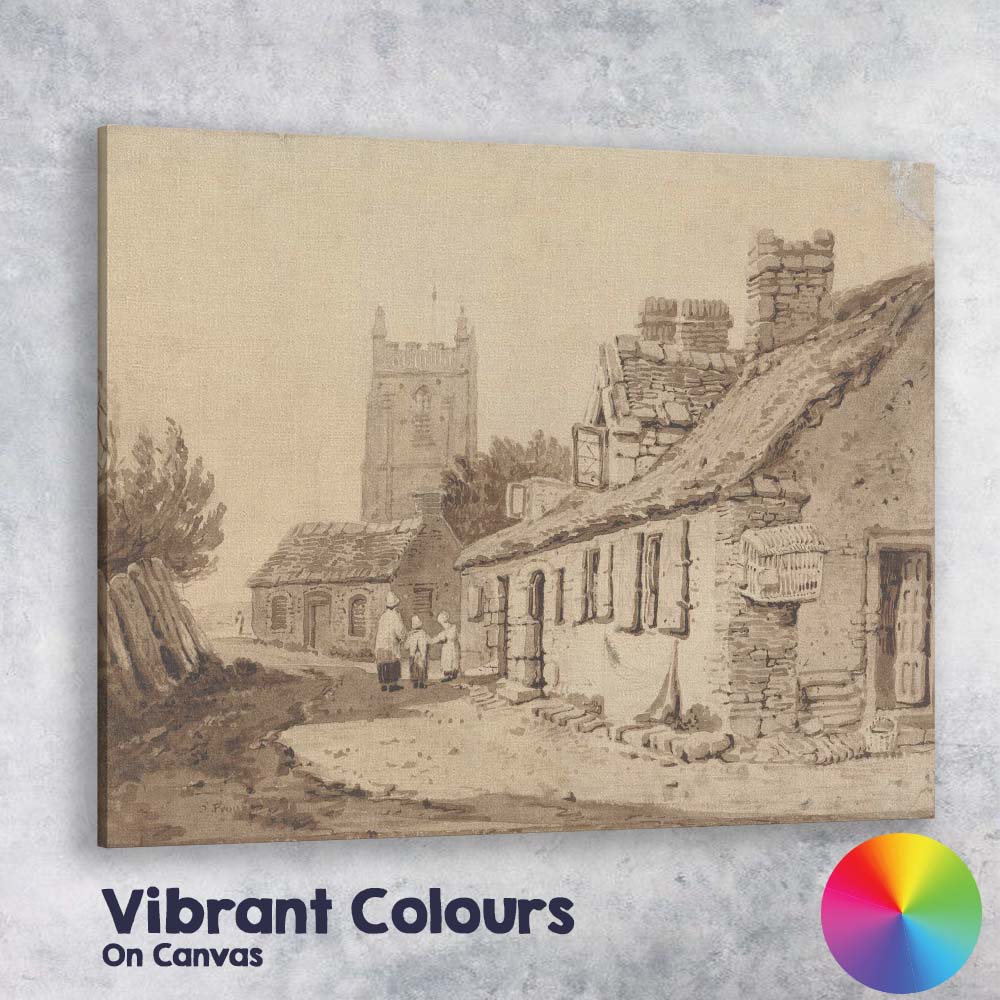 English Village Lane Church Tower Sepia Watercolour Canvas Wall Art Print Decor Picture Ready to Hang
