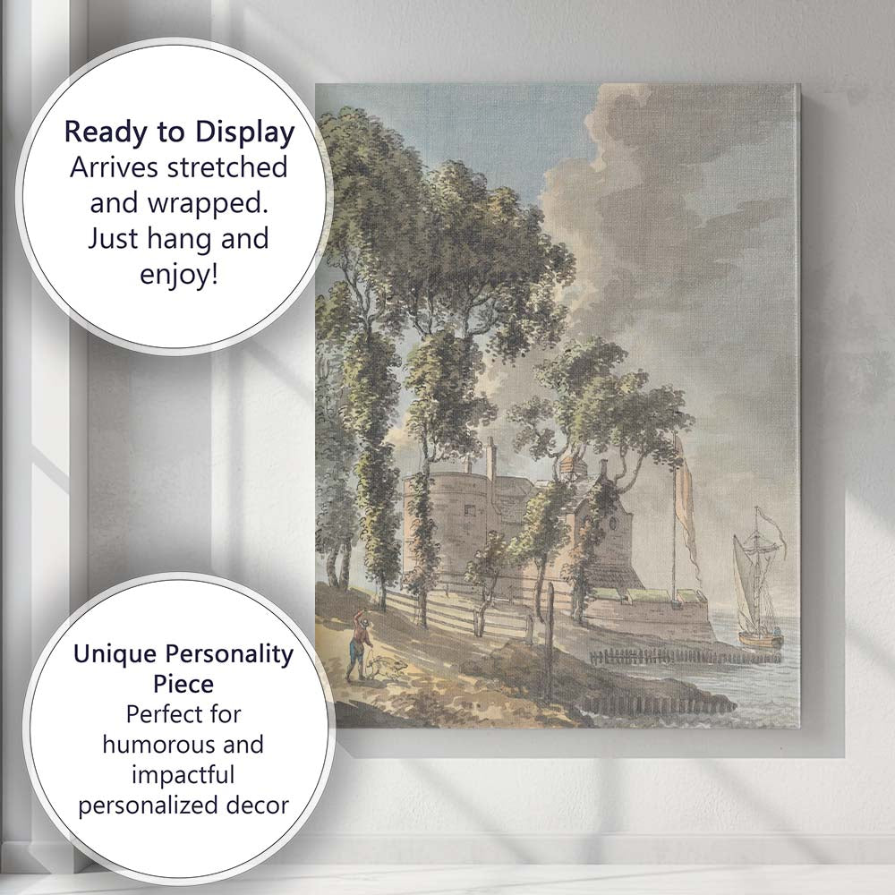 Coastal Manor House and Sailing Boat Watercolour Canvas Wall Art Print Decor Picture Ready to Hang