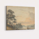 Lakeside Castle Mountain Landscape Sunset Watercolour Canvas Wall Art Print Decor Picture Ready to Hang