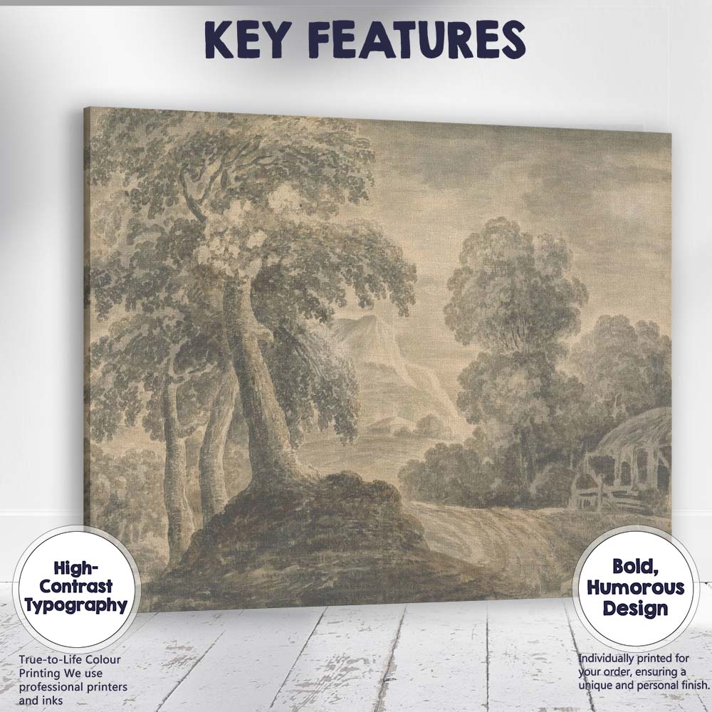 Woodland Country Lane Mountain View Monochrome Landscape Watercolour Canvas Wall Art Print Decor Picture Ready to Hang