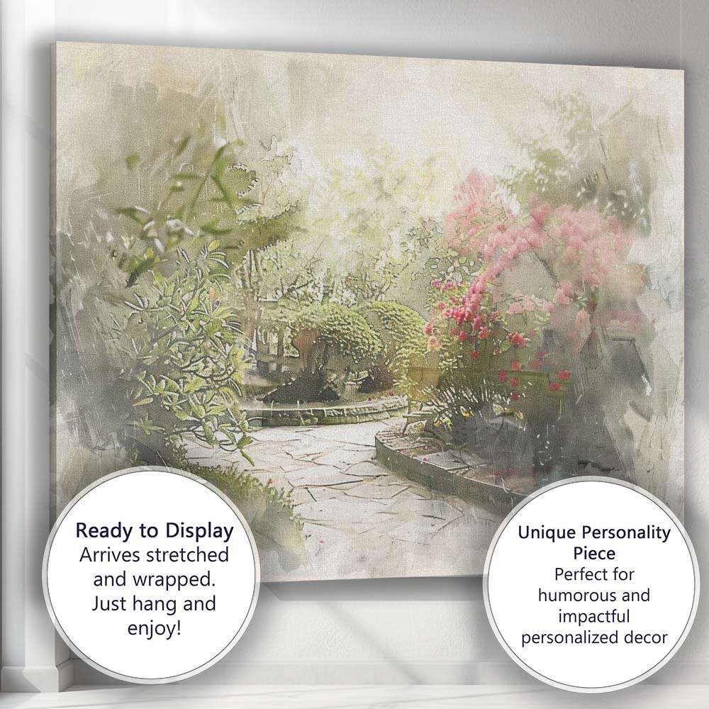 Soft Focus Botanical Garden Path Floral Watercolour Style Canvas Wall Art Print Decor Picture Ready to Hang