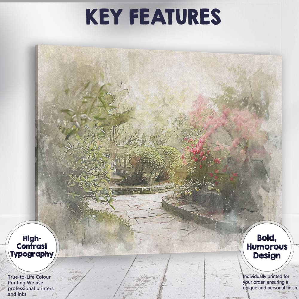 Soft Focus Botanical Garden Path Floral Watercolour Style Canvas Wall Art Print Decor Picture Ready to Hang