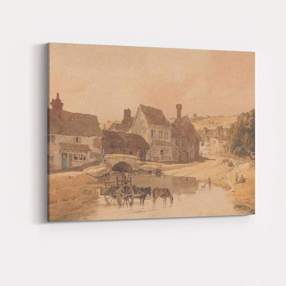 Traditional Village River Crossing Watercolour Landscape Country Bridge Scene Canvas Wall Art Print Decor Picture Ready to Hang