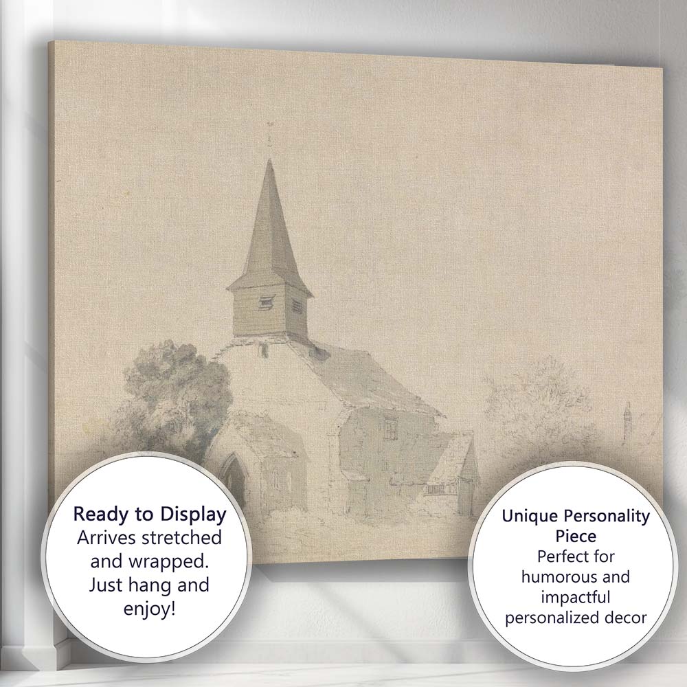 Historic Country Church Monochrome Watercolour Architectural Sketch Canvas Wall Art Print Decor Picture Ready to Hang