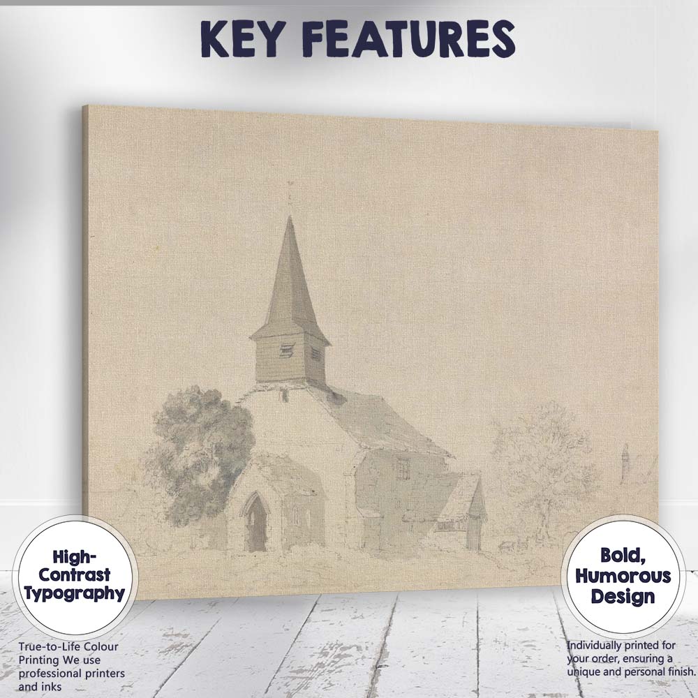 Historic Country Church Monochrome Watercolour Architectural Sketch Canvas Wall Art Print Decor Picture Ready to Hang