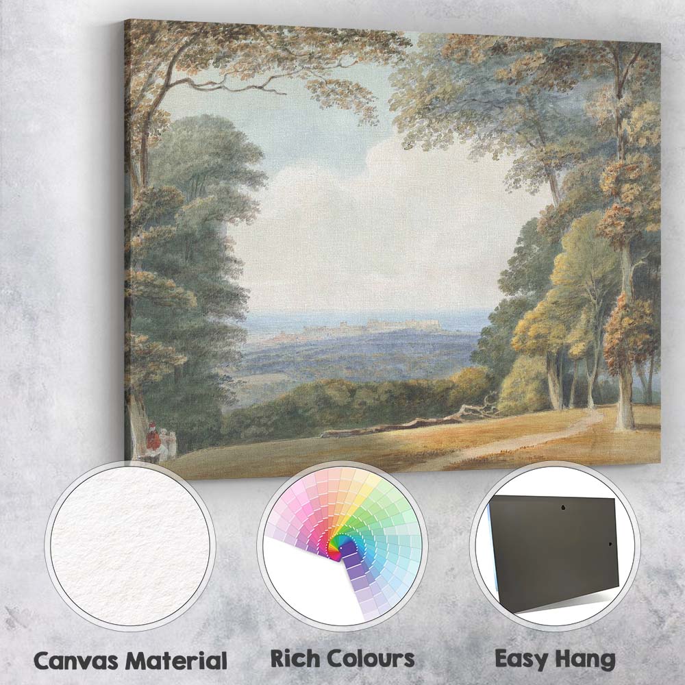 Woodland Vista Distant Coastal Castle Landscape Watercolour Canvas Wall Art Print Decor Picture Ready to Hang