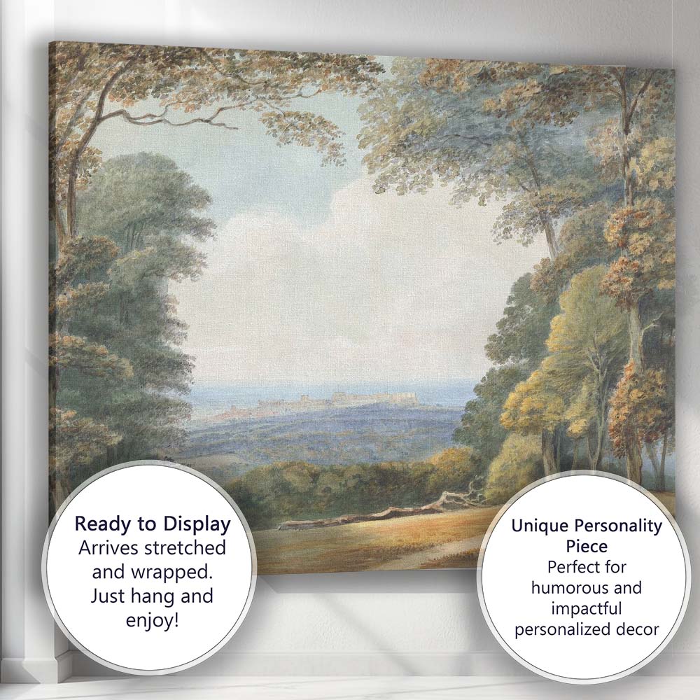 Woodland Vista Distant Coastal Castle Landscape Watercolour Canvas Wall Art Print Decor Picture Ready to Hang