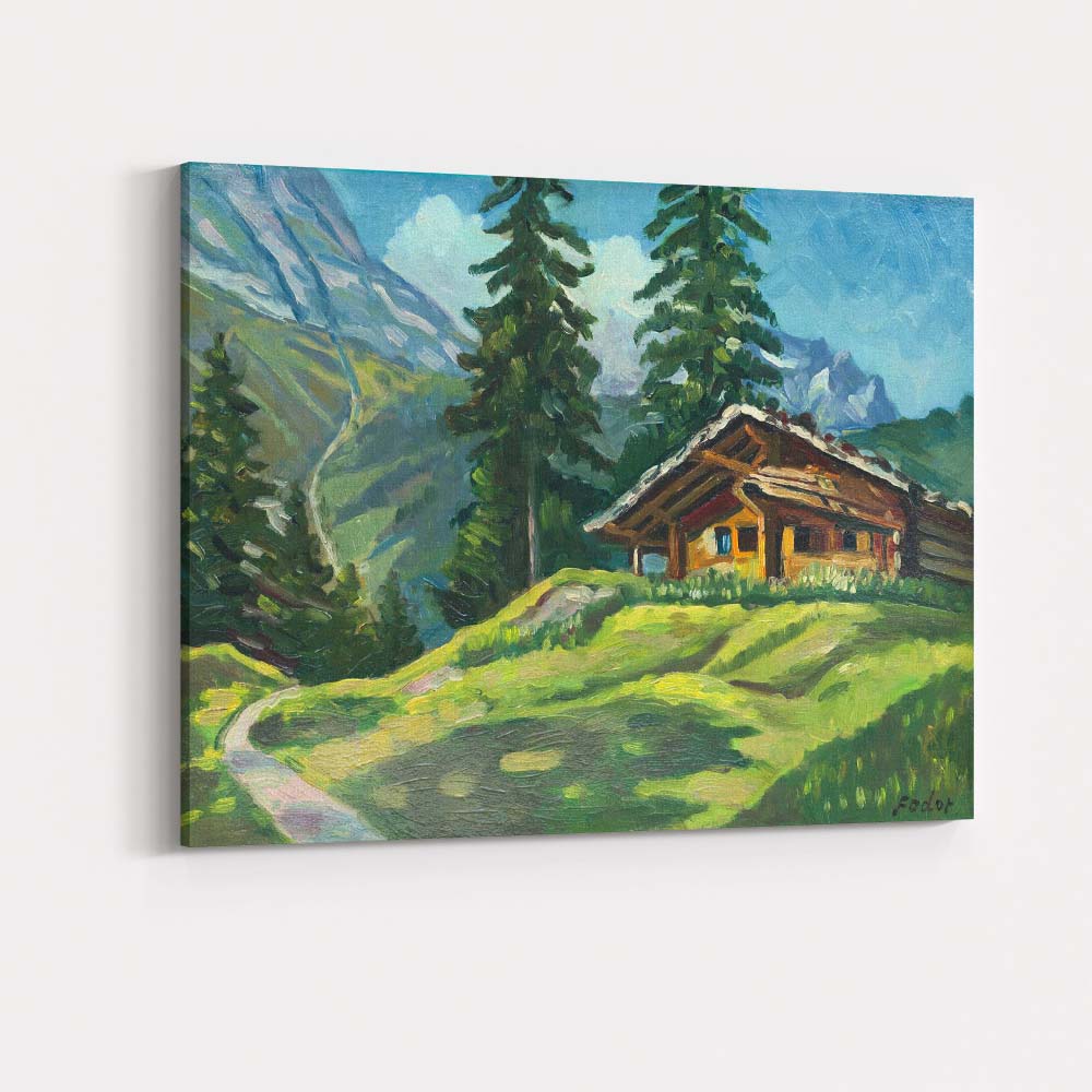 Alpine Mountain Chalet Impressionist Landscape Painting Canvas Wall Art Print Decor Picture Ready to Hang