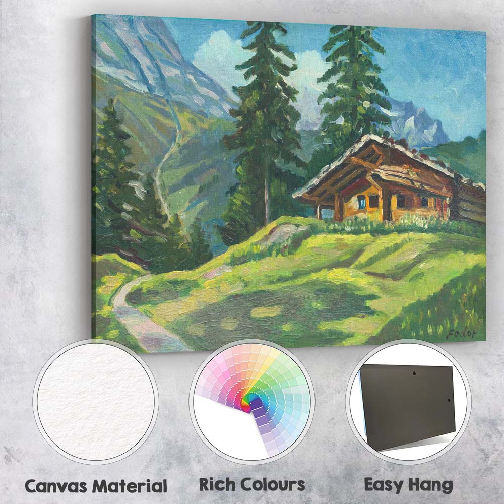 Alpine Mountain Chalet Impressionist Landscape Painting Canvas Wall Art Print Decor Picture Ready to Hang