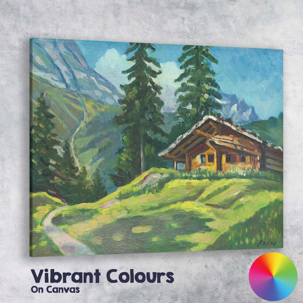 Alpine Mountain Chalet Impressionist Landscape Painting Canvas Wall Art Print Decor Picture Ready to Hang