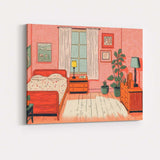 Pink Contemporary Bedroom Interior Illustration Canvas Wall Art Print Decor Picture Ready to Hang