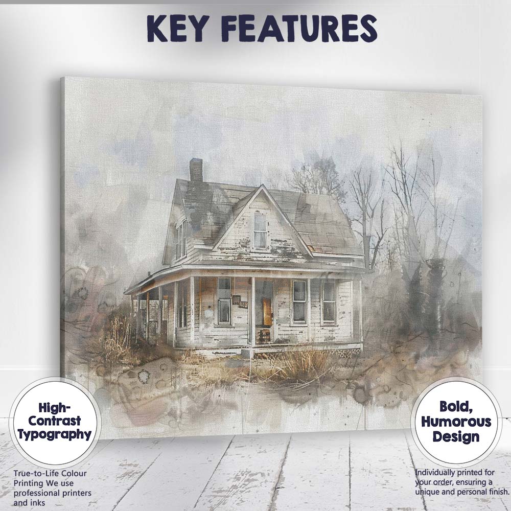 Weathered Victorian Farmhouse Watercolour Collage Rustic Country Home Canvas Wall Art Print Decor Picture Ready to Hang