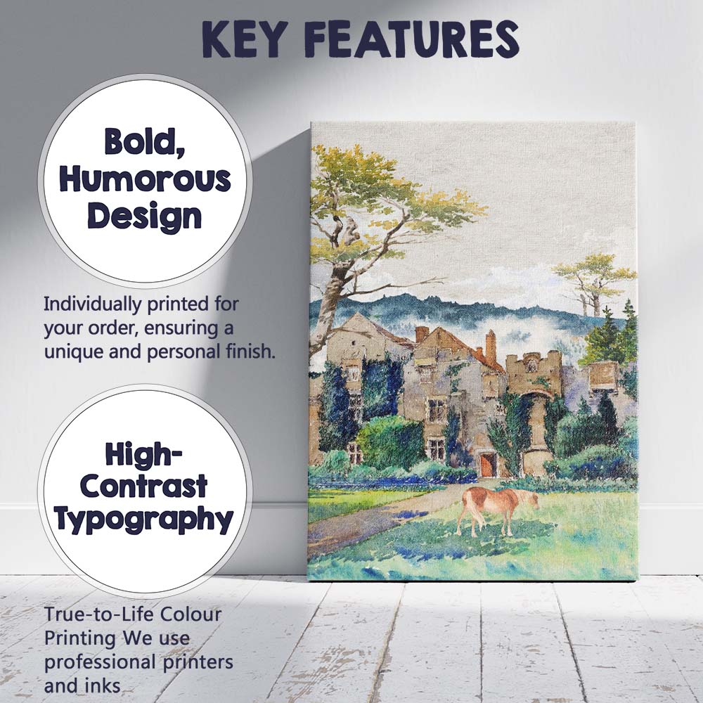 Historic Manor House Landscape Watercolour Painting With Grazing Horse Canvas Wall Art Print Decor Picture Ready to Hang