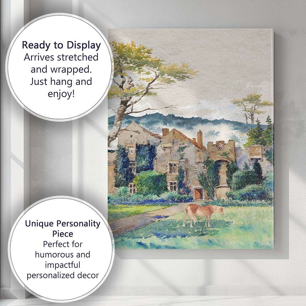 Historic Manor House Landscape Watercolour Painting With Grazing Horse Canvas Wall Art Print Decor Picture Ready to Hang