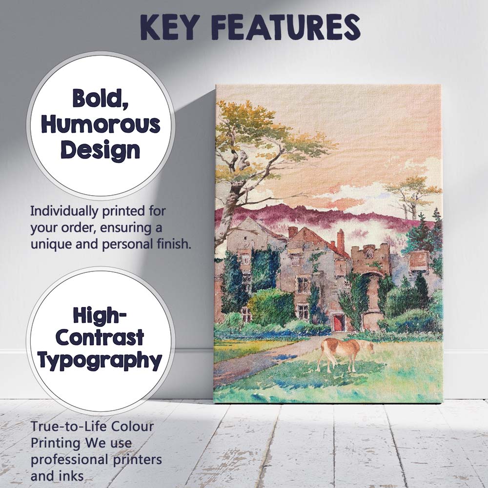 Pastel Sunset Manor Estate Watercolour Countryside Scene Canvas Wall Art Print Decor Picture Ready to Hang