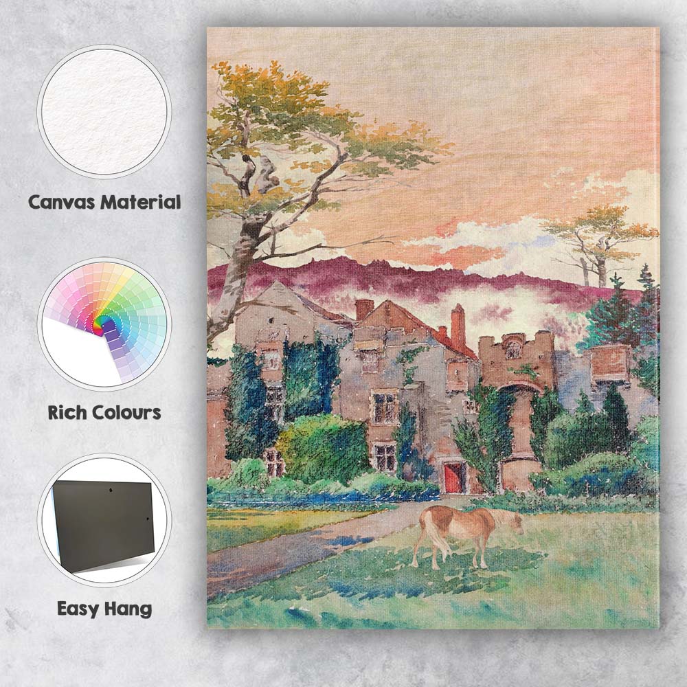 Pastel Sunset Manor Estate Watercolour Countryside Scene Canvas Wall Art Print Decor Picture Ready to Hang