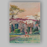 Pastel Sunset Manor Estate Watercolour Countryside Scene Canvas Wall Art Print Decor Picture Ready to Hang