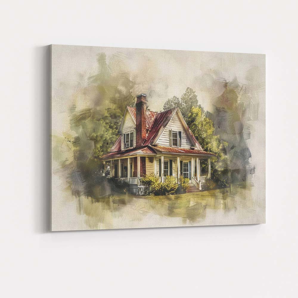 Charming Country Farmhouse Watercolour Mixed Media Illustration Canvas Wall Art Print Decor Picture Ready to Hang