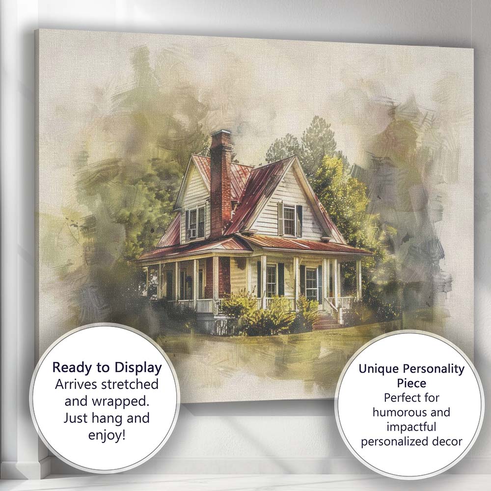 Charming Country Farmhouse Watercolour Mixed Media Illustration Canvas Wall Art Print Decor Picture Ready to Hang
