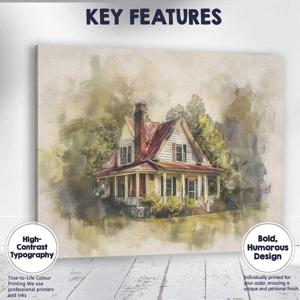 Charming Country Farmhouse Watercolour Mixed Media Illustration Canvas Wall Art Print Decor Picture Ready to Hang