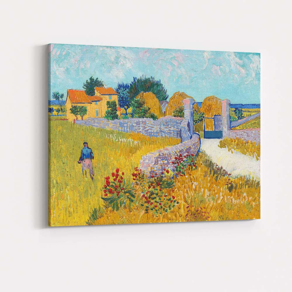 Golden Wheat Field Farmhouse Landscape Post Impressionist Painting Canvas Wall Art Print Decor Picture Ready to Hang