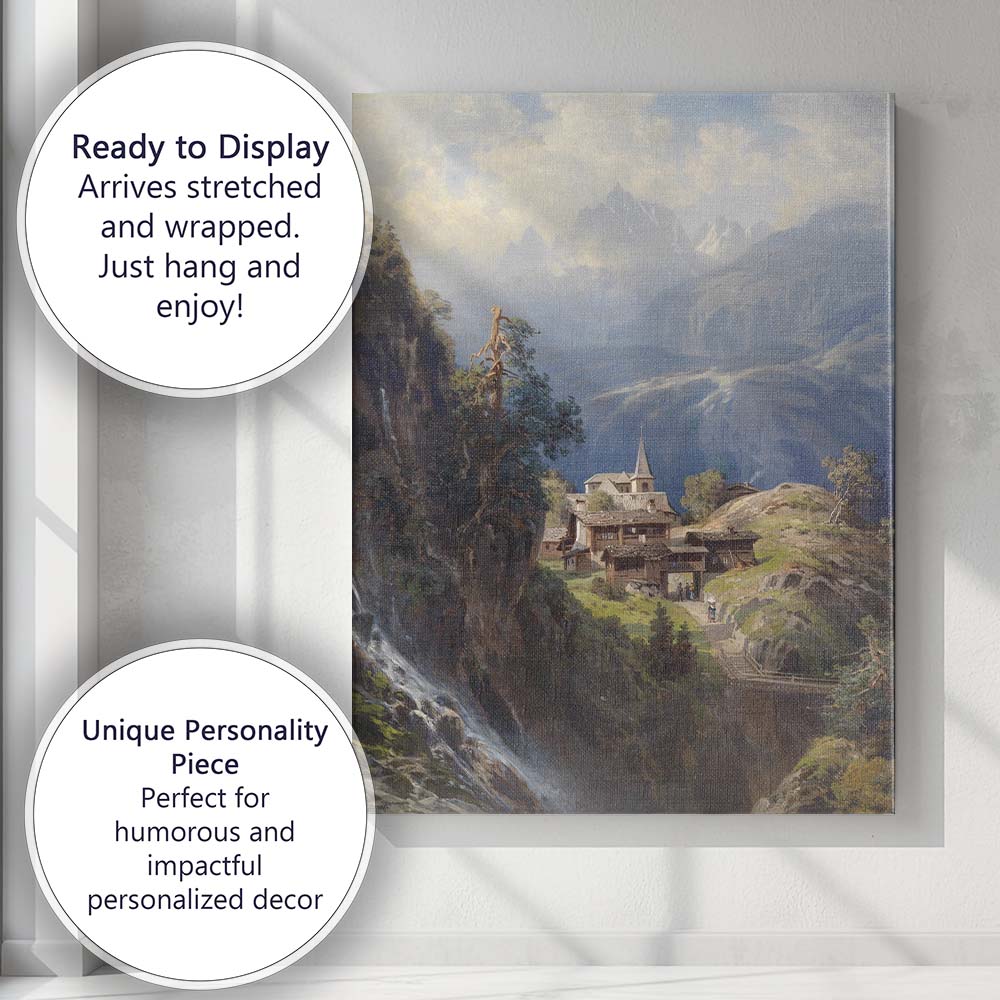 Alpine Mountain Village Waterfall Scenic Landscape Painting Canvas Wall Art Print Decor Picture Ready to Hang
