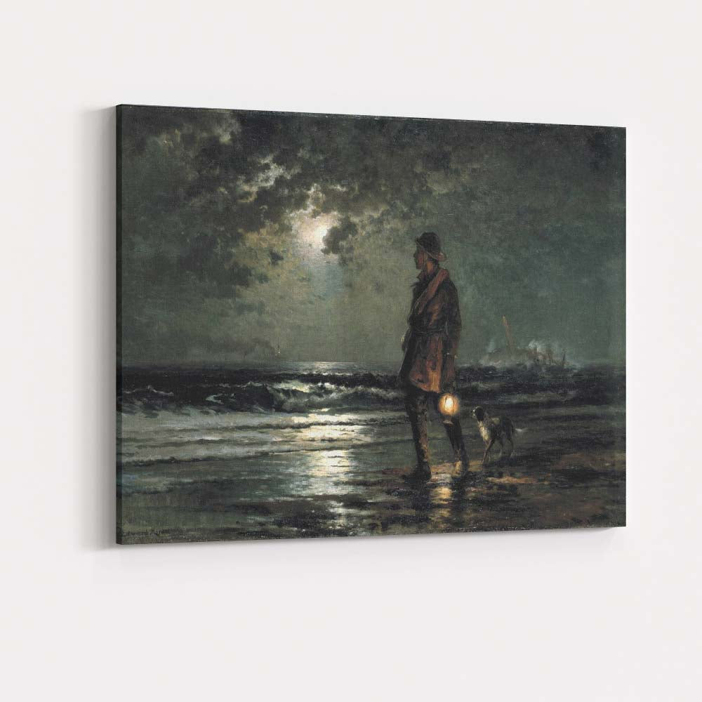Moonlit Seaside Fisherman with Lantern Atmospheric Coastal Painting Canvas Wall Art Print Decor Picture Ready to Hang