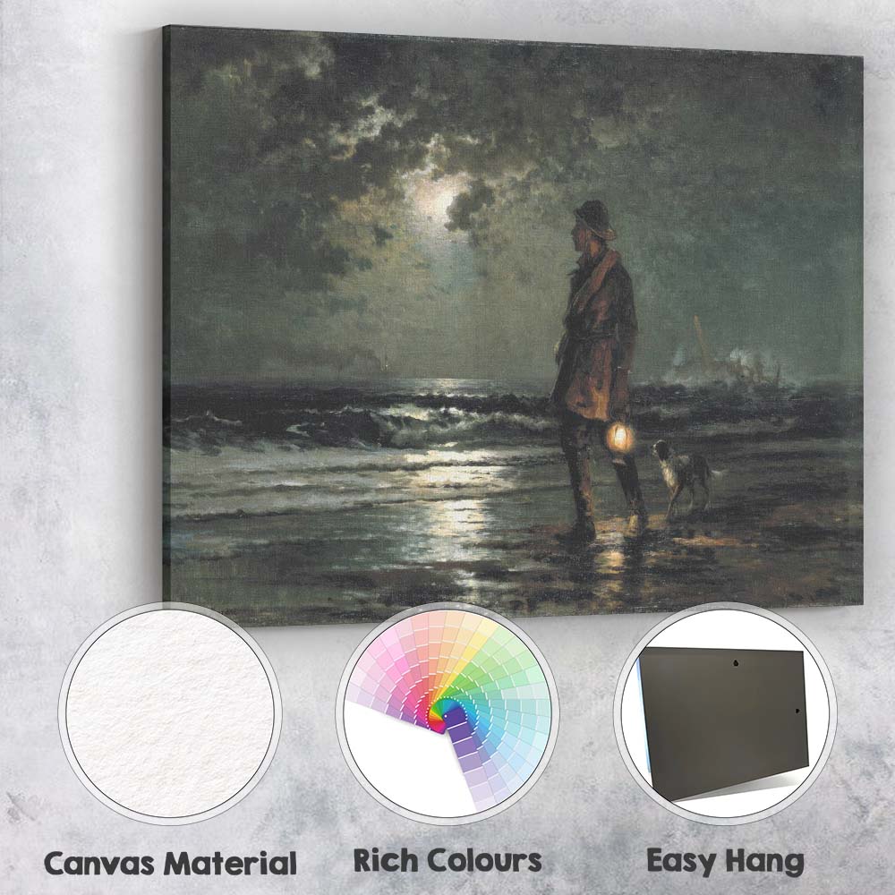 Moonlit Seaside Fisherman with Lantern Atmospheric Coastal Painting Canvas Wall Art Print Decor Picture Ready to Hang