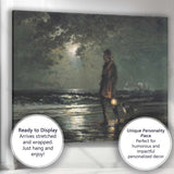 Moonlit Seaside Fisherman with Lantern Atmospheric Coastal Painting Canvas Wall Art Print Decor Picture Ready to Hang