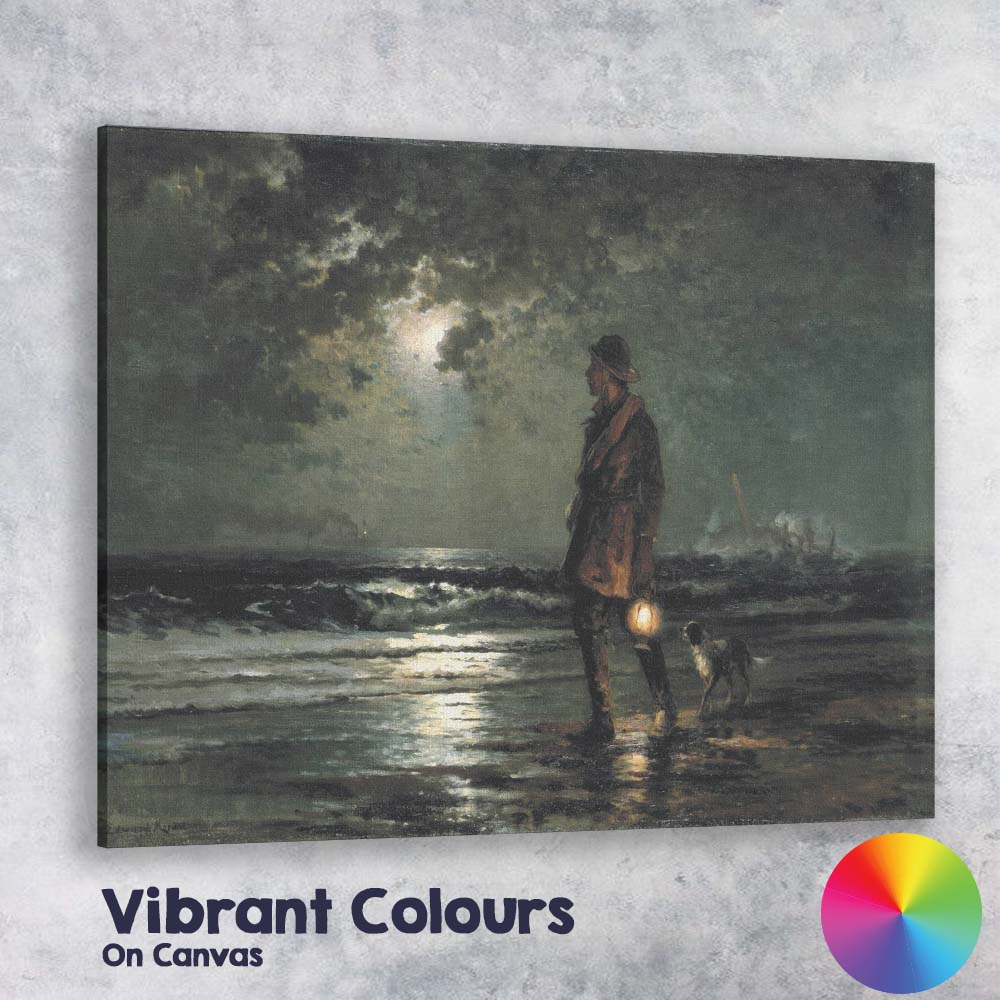 Moonlit Seaside Fisherman with Lantern Atmospheric Coastal Painting Canvas Wall Art Print Decor Picture Ready to Hang