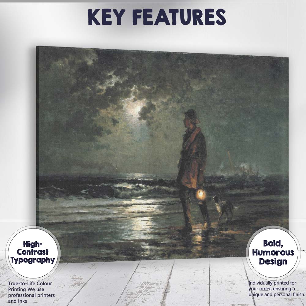 Moonlit Seaside Fisherman with Lantern Atmospheric Coastal Painting Canvas Wall Art Print Decor Picture Ready to Hang