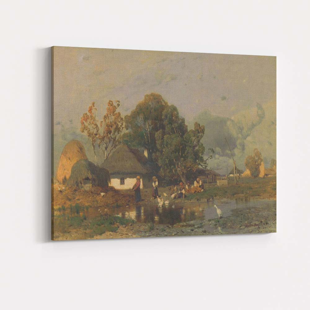 Pastoral Village Pond Scene with Ducks Traditional Landscape Canvas Wall Art Print Decor Picture Ready to Hang