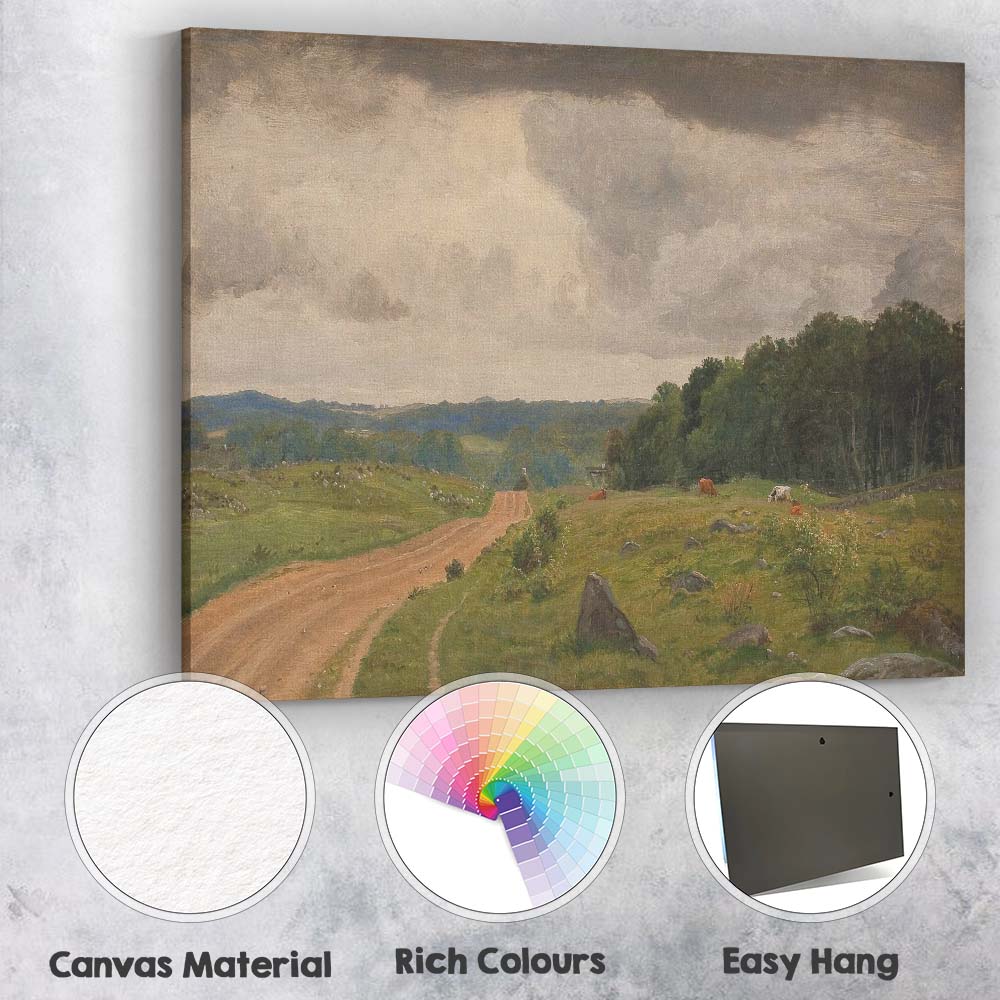 Rustic Country Road Pastoral Meadow Cattle Landscape Oil Painting Canvas Wall Art Print Decor Picture Ready to Hang
