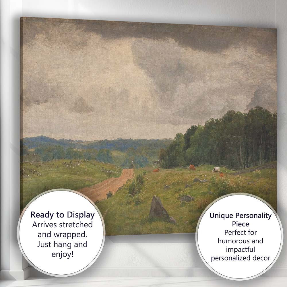 Rustic Country Road Pastoral Meadow Cattle Landscape Oil Painting Canvas Wall Art Print Decor Picture Ready to Hang