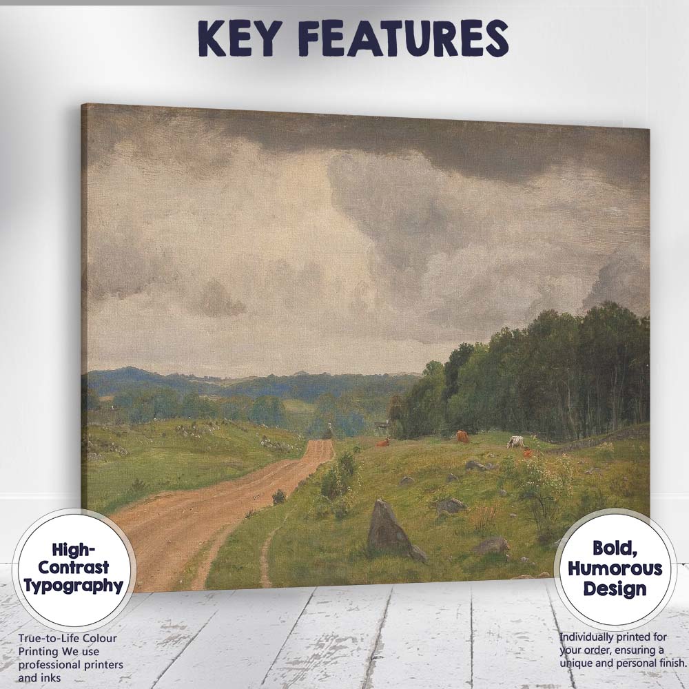 Rustic Country Road Pastoral Meadow Cattle Landscape Oil Painting Canvas Wall Art Print Decor Picture Ready to Hang