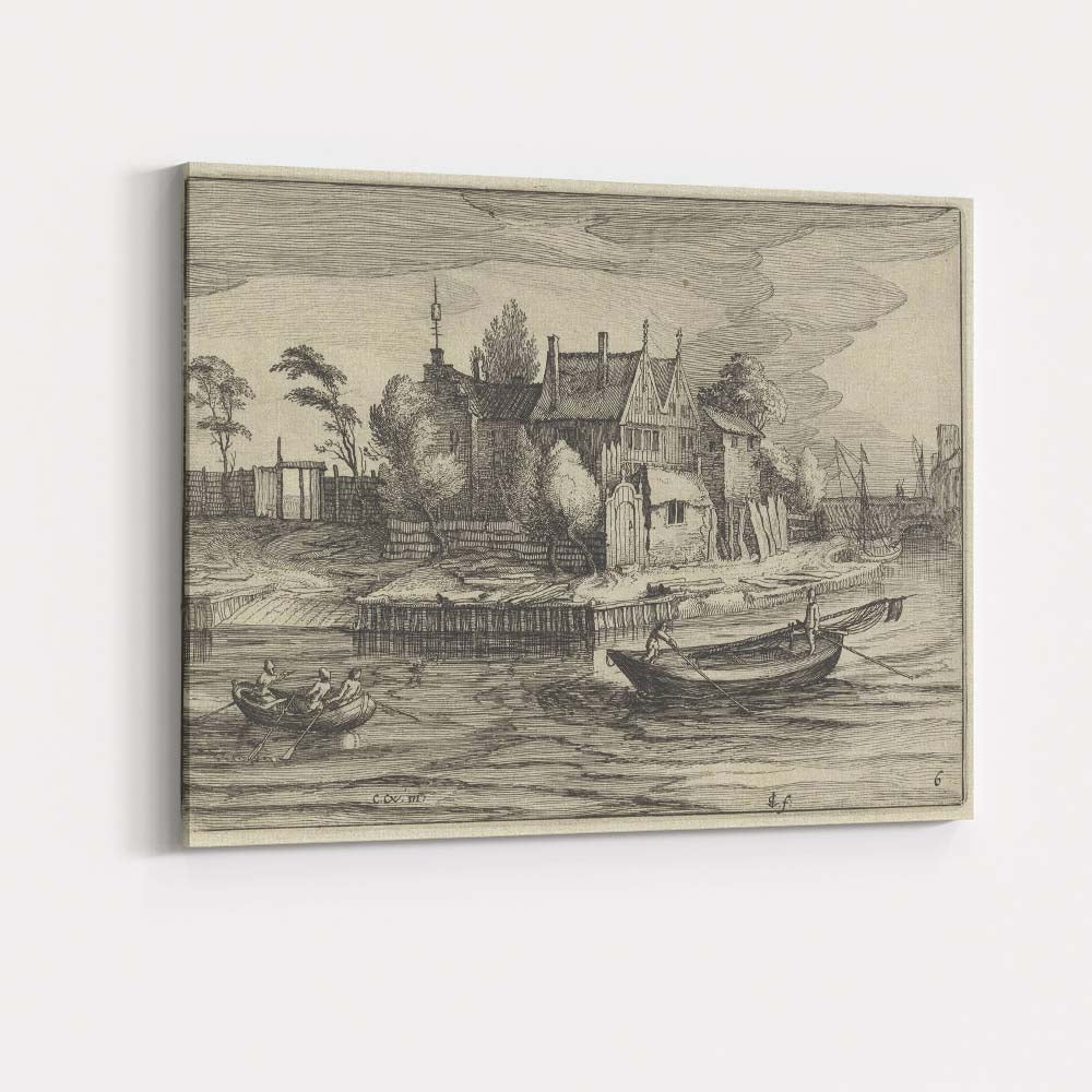 Historic Canal House Riverside Boats Antique Etching Landscape Canvas Wall Art Print Decor Picture Ready to Hang