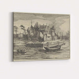 Historic Canal House Riverside Boats Antique Etching Landscape Canvas Wall Art Print Decor Picture Ready to Hang