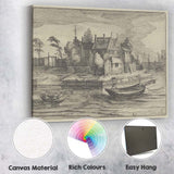 Historic Canal House Riverside Boats Antique Etching Landscape Canvas Wall Art Print Decor Picture Ready to Hang