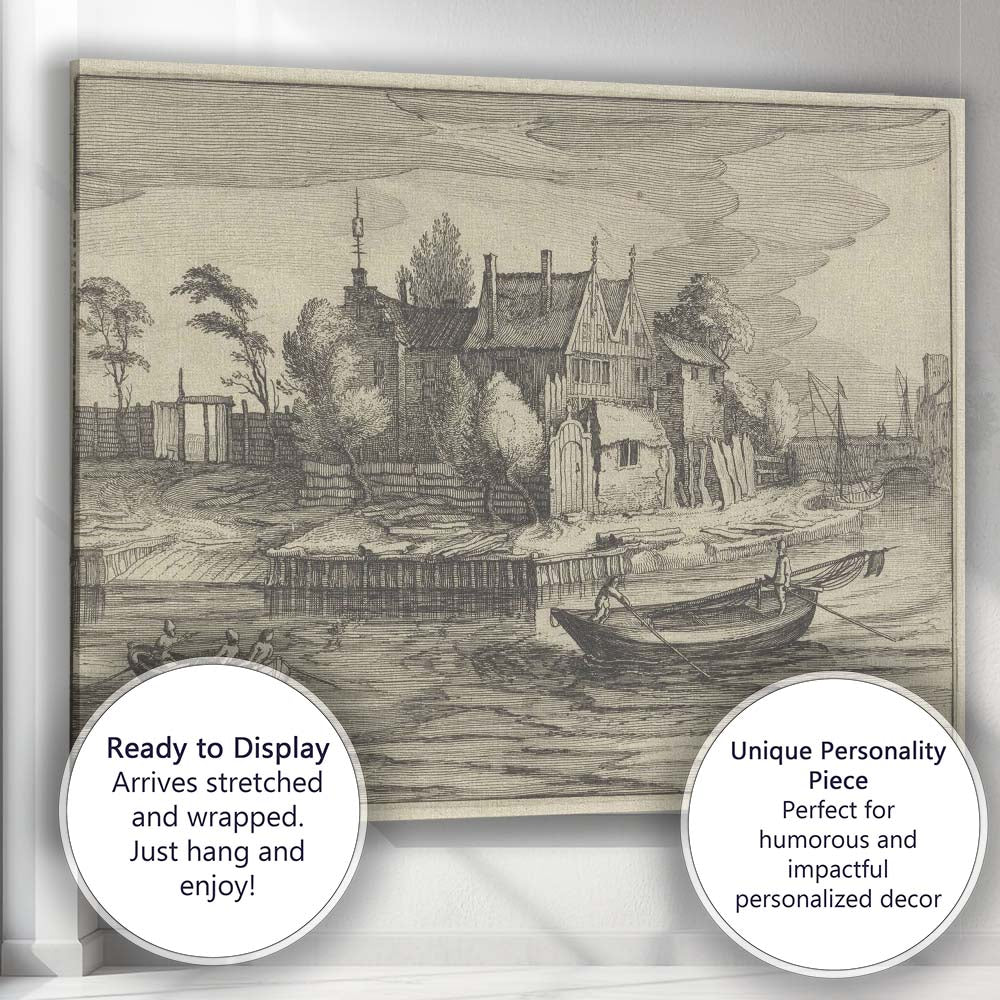 Historic Canal House Riverside Boats Antique Etching Landscape Canvas Wall Art Print Decor Picture Ready to Hang