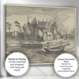 Historic Canal House Riverside Boats Antique Etching Landscape Canvas Wall Art Print Decor Picture Ready to Hang