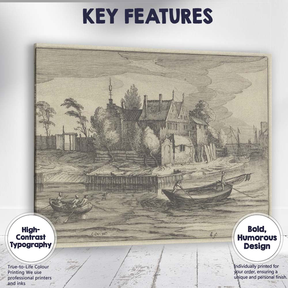 Historic Canal House Riverside Boats Antique Etching Landscape Canvas Wall Art Print Decor Picture Ready to Hang