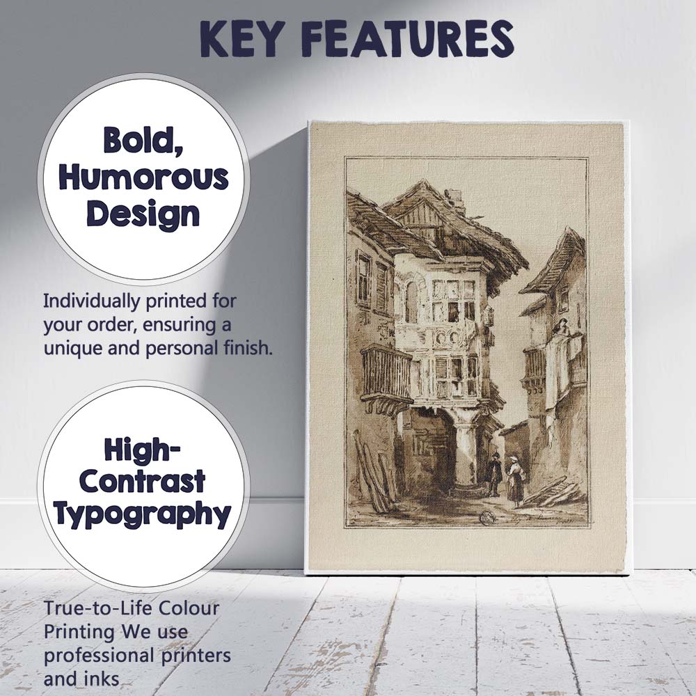 Historic European Village Street Architectural Watercolour Scene Canvas Wall Art Print Decor Picture Ready to Hang