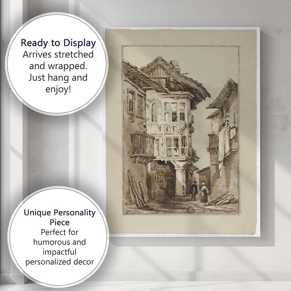 Historic European Village Street Architectural Watercolour Scene Canvas Wall Art Print Decor Picture Ready to Hang