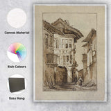 Historic European Village Street Architectural Watercolour Scene Canvas Wall Art Print Decor Picture Ready to Hang