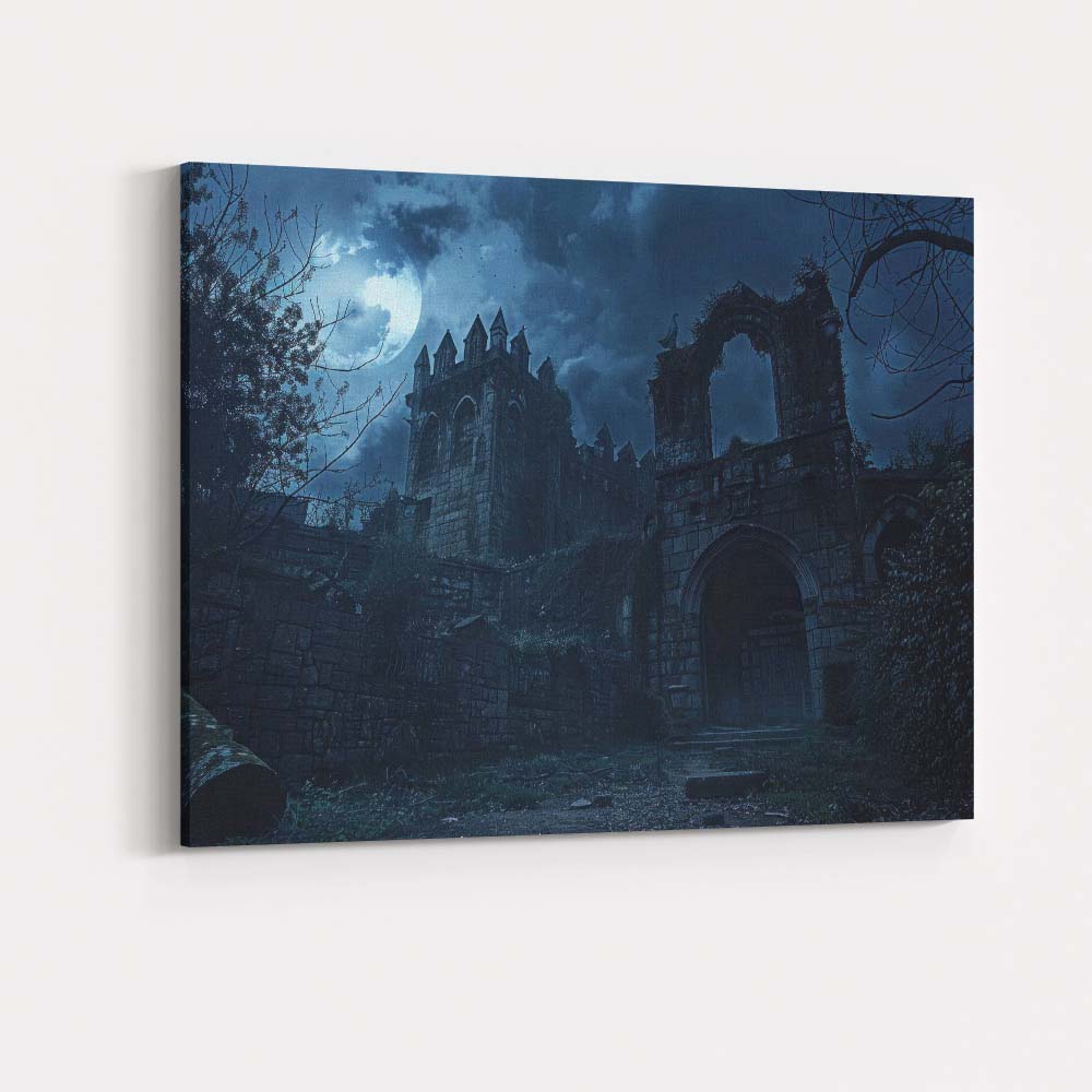 Moonlit Gothic Mansion Ruins Night Sky Dark Fantasy Landscape Canvas Wall Art Print Decor Picture Ready to Hang
