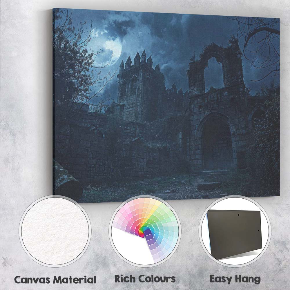 Moonlit Gothic Mansion Ruins Night Sky Dark Fantasy Landscape Canvas Wall Art Print Decor Picture Ready to Hang