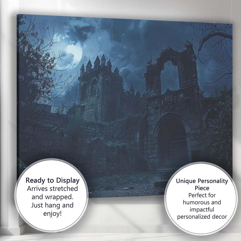 Moonlit Gothic Mansion Ruins Night Sky Dark Fantasy Landscape Canvas Wall Art Print Decor Picture Ready to Hang