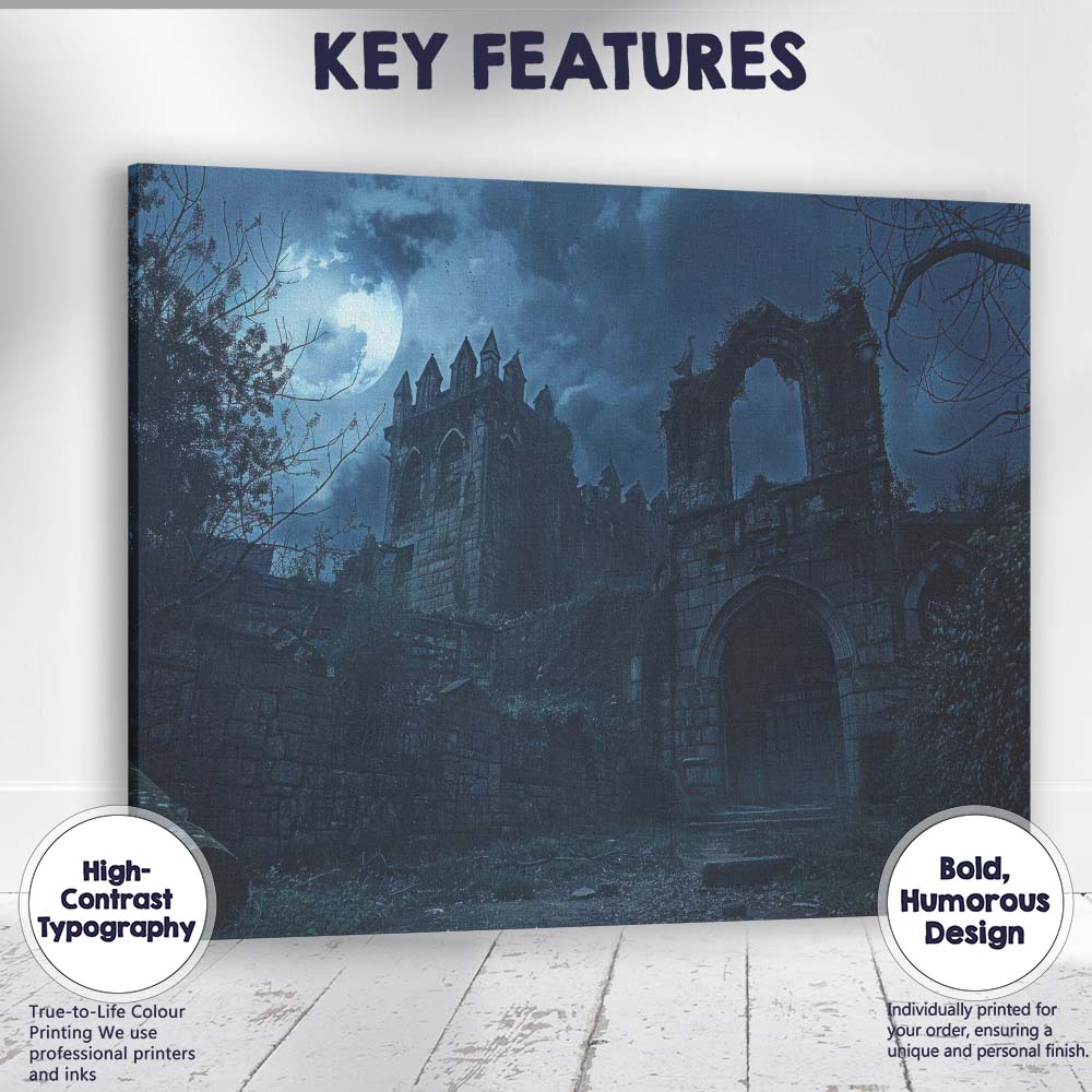 Moonlit Gothic Mansion Ruins Night Sky Dark Fantasy Landscape Canvas Wall Art Print Decor Picture Ready to Hang