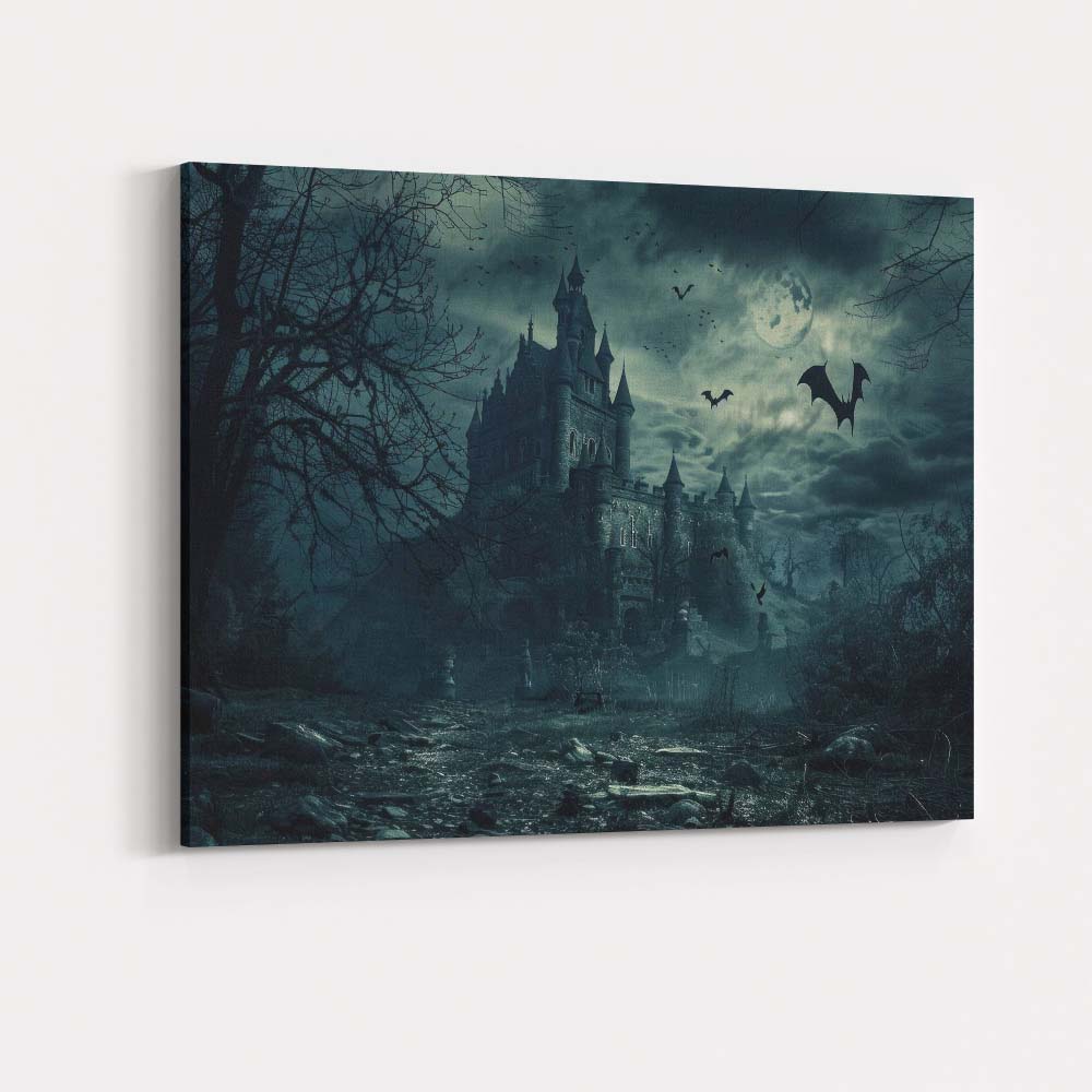 Victorian Gothic Castle Bats Full Moon Haunted Night Scene Canvas Wall Art Print Decor Picture Ready to Hang